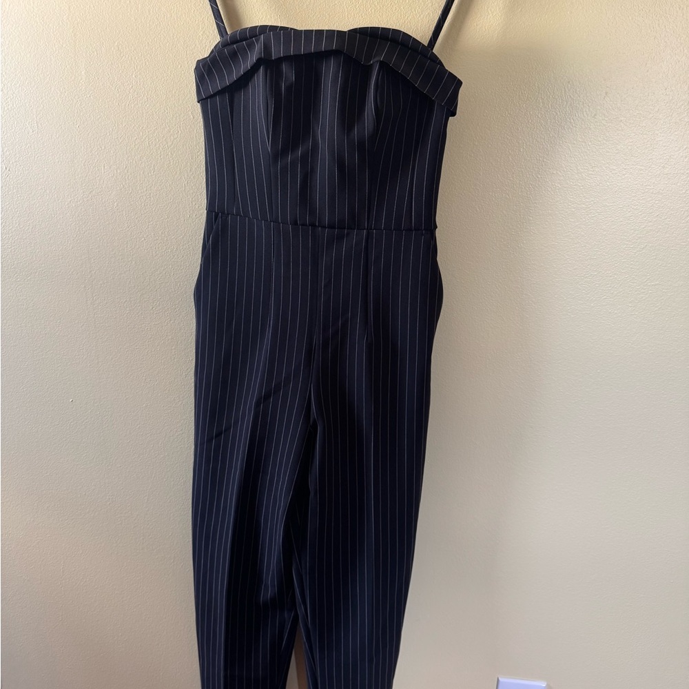 Express Black & White Pinstripe Strapless-Style Jumpsuit